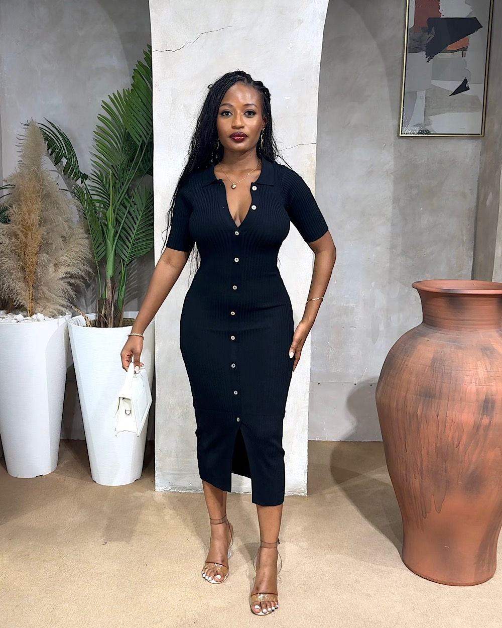 Maria Black Ribbed Dress - Thumbnail