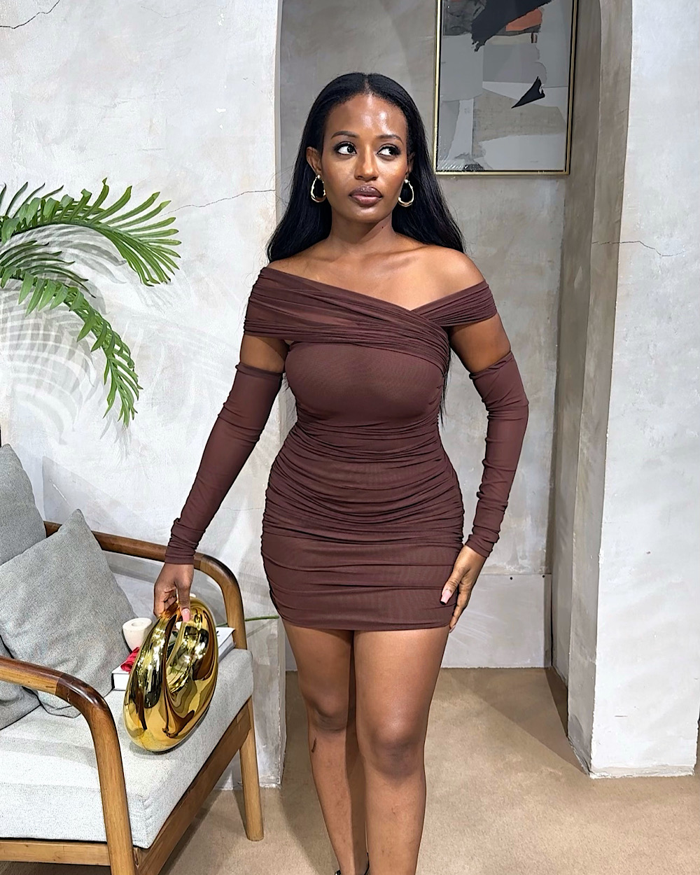 Addy Brown Mesh Dress - Thumbnail