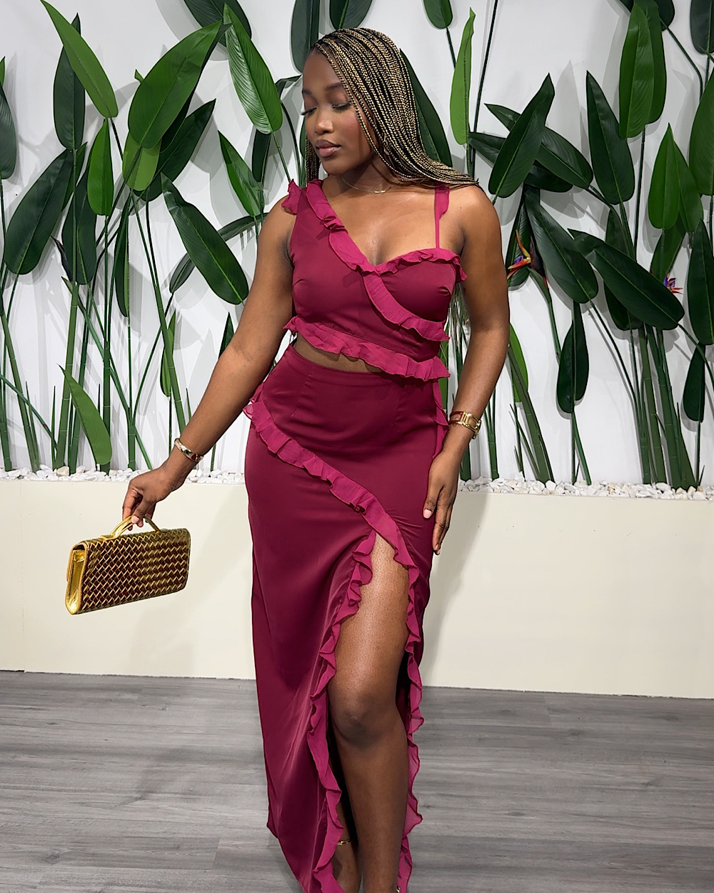 Rakia Wine Slit Dress - Thumbnail