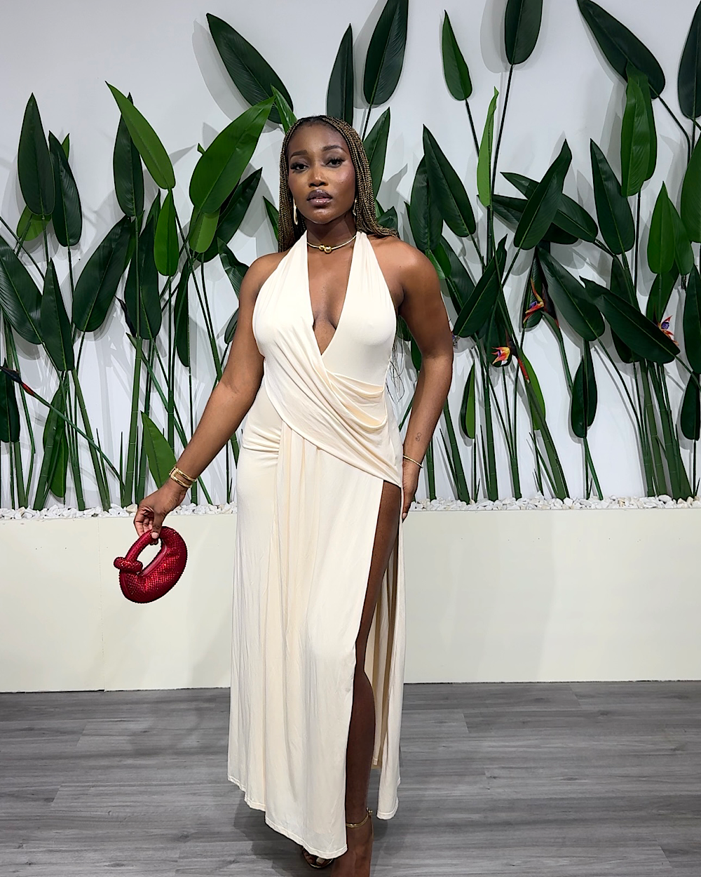 Bari Cream Slit Dress - Thumbnail