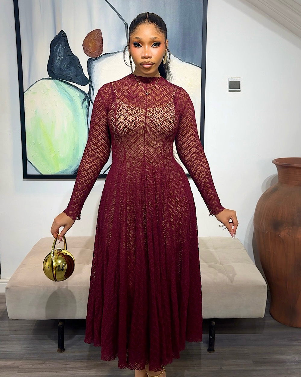 Arabella Wine Lace Dress - Thumbnail